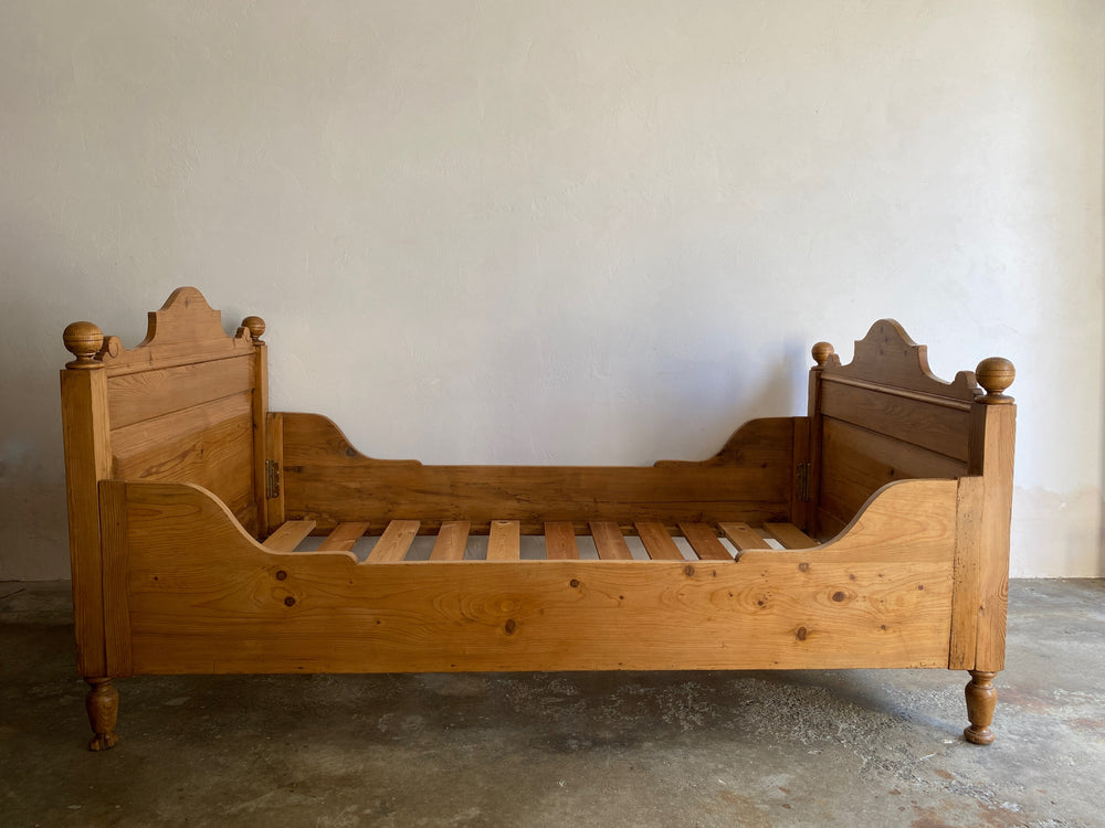 Wide and Low Antique Pine Sleigh Bed with Crests c. 1890
