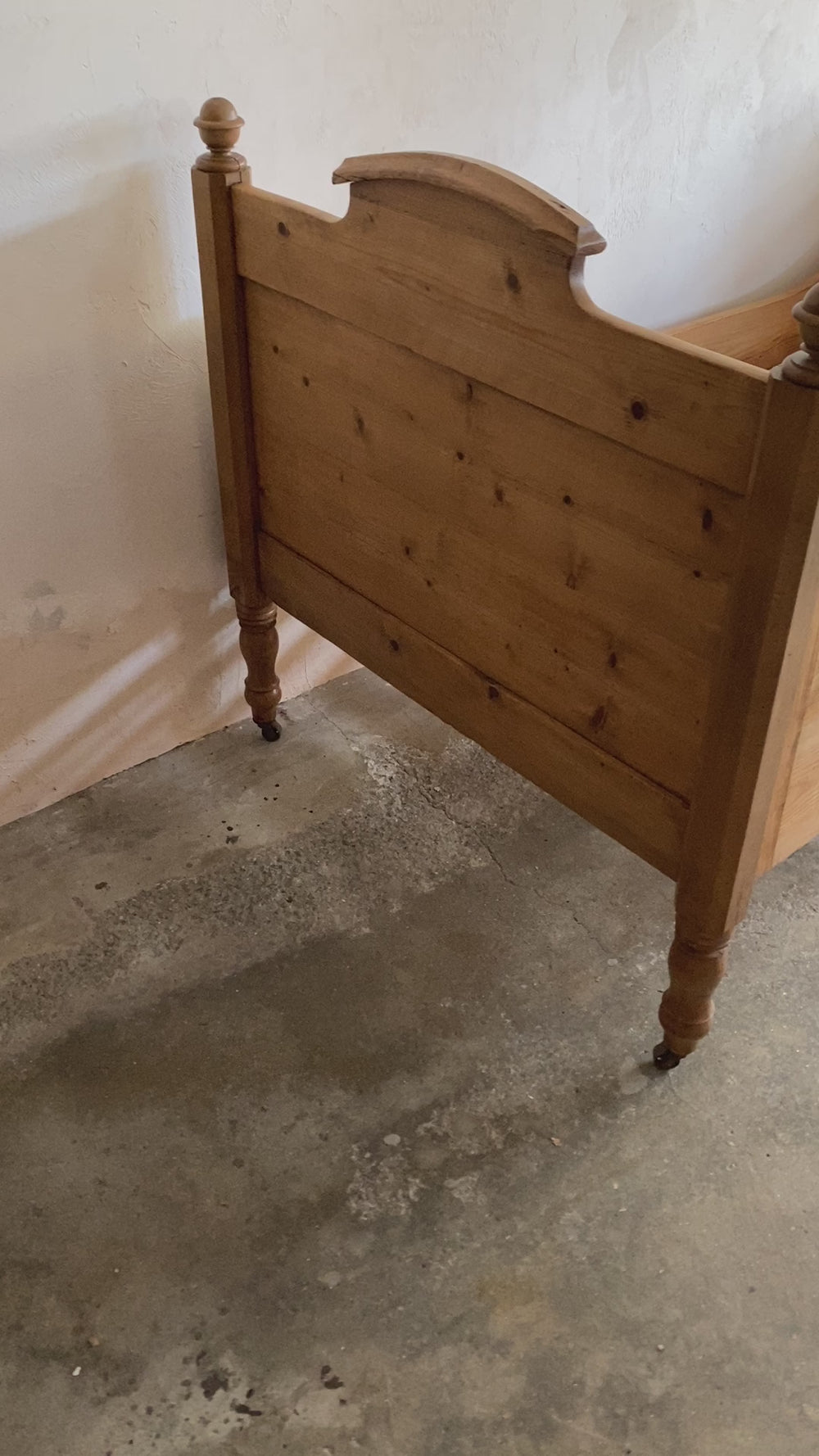 Antique Pine Sleigh Bed with Castors, c. 1910