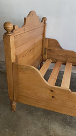 Wide and Low Antique Pine Sleigh Bed with Crests c. 1890