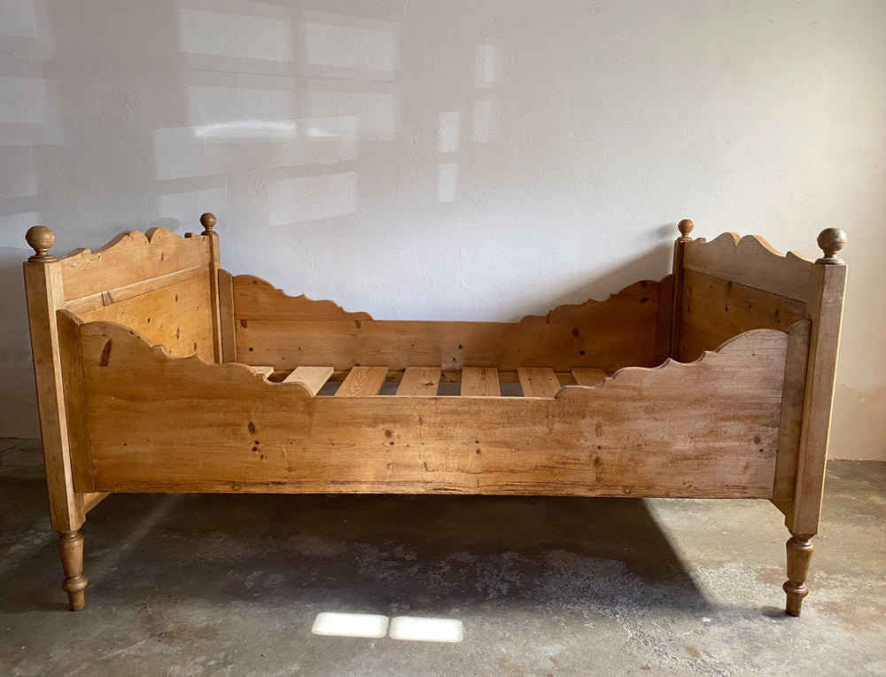 Antique Pine Sleigh Bed with Intricate Side Rails c. 1890