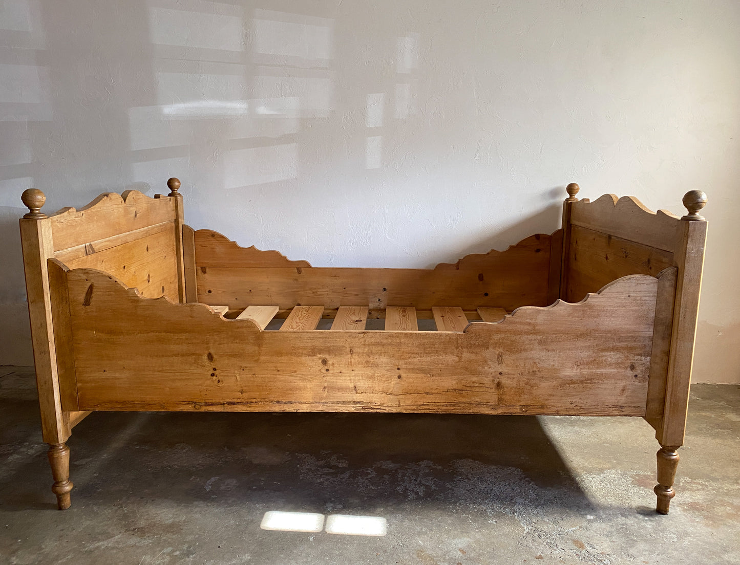 Antique Pine Sleigh Bed with Intricate Side Rails c. 1890