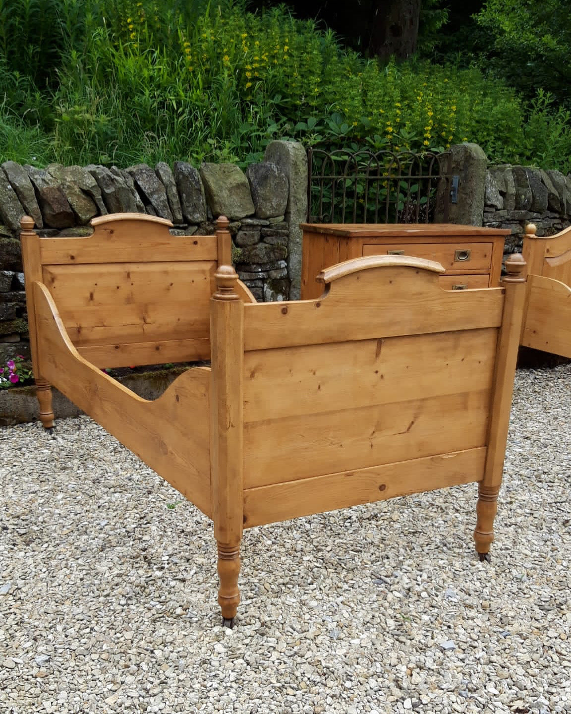 Antique Pine Sleigh Bed with Castors, c. 1910