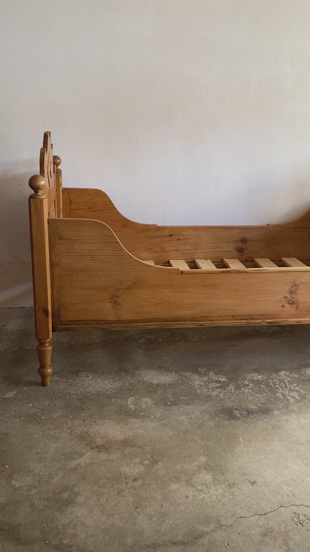 Antique Pine Sleigh Bed with Carved Crests c. 1900