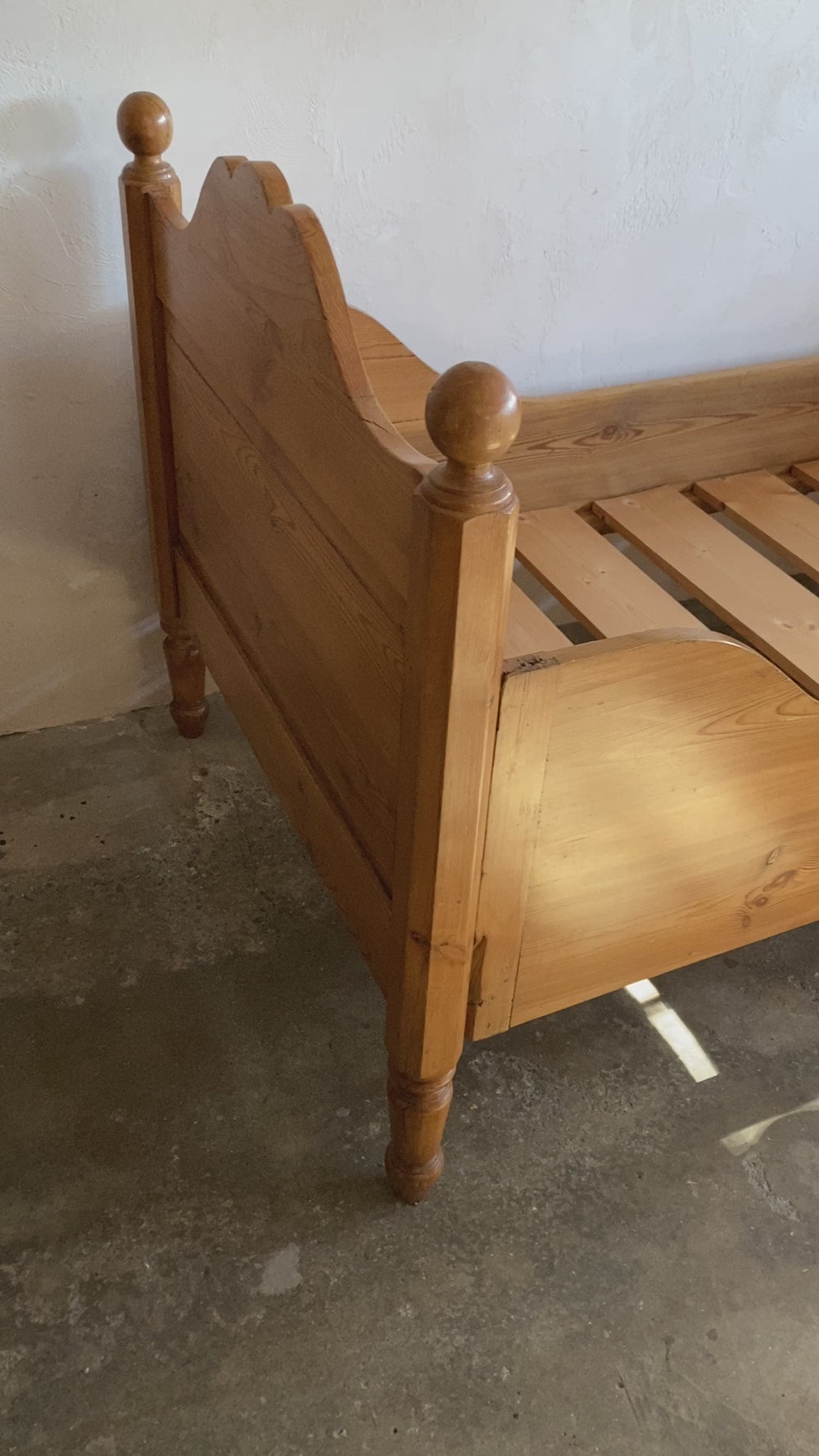Antique Pine Sleigh Bed with Scalloped Headboard and Footboard