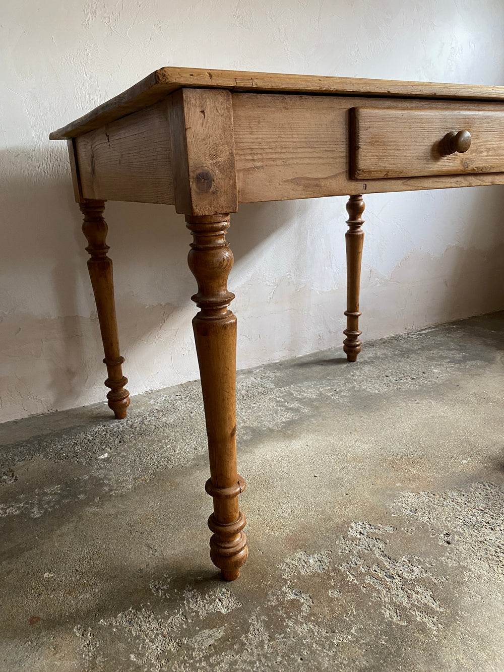 Antique French Pine Dining Table with Drawer c. 1890