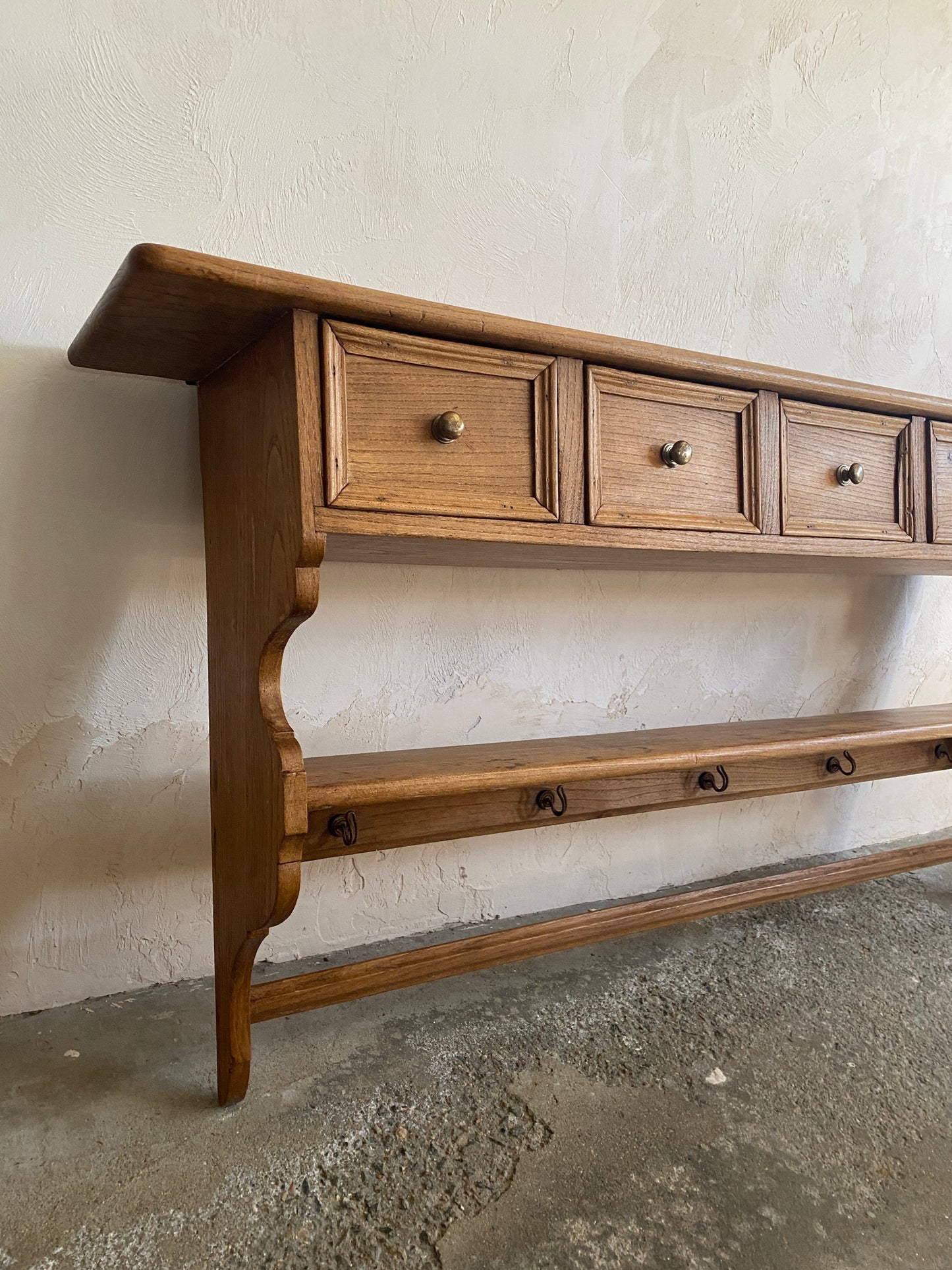 French Antique Oak Wall Shelf with Drawers