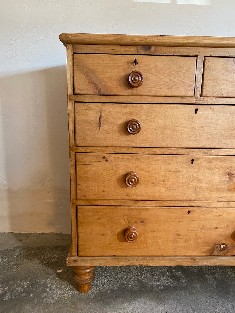 Antique English Chest of Drawers with Mahogany Knobs and Master Key