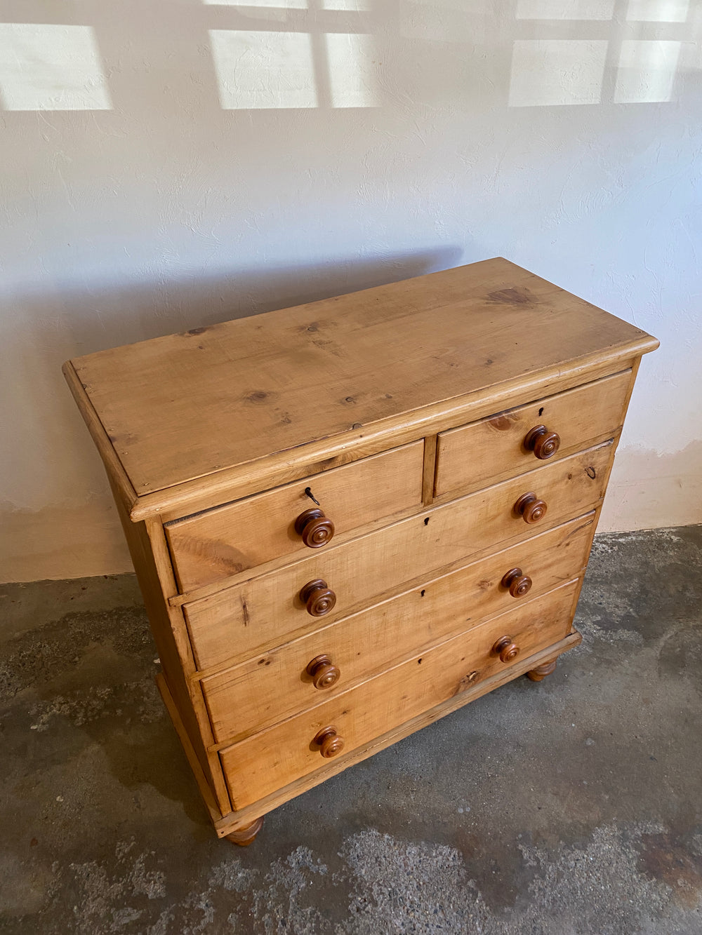 Antique English Chest of Drawers with Mahogany Knobs and Master Key