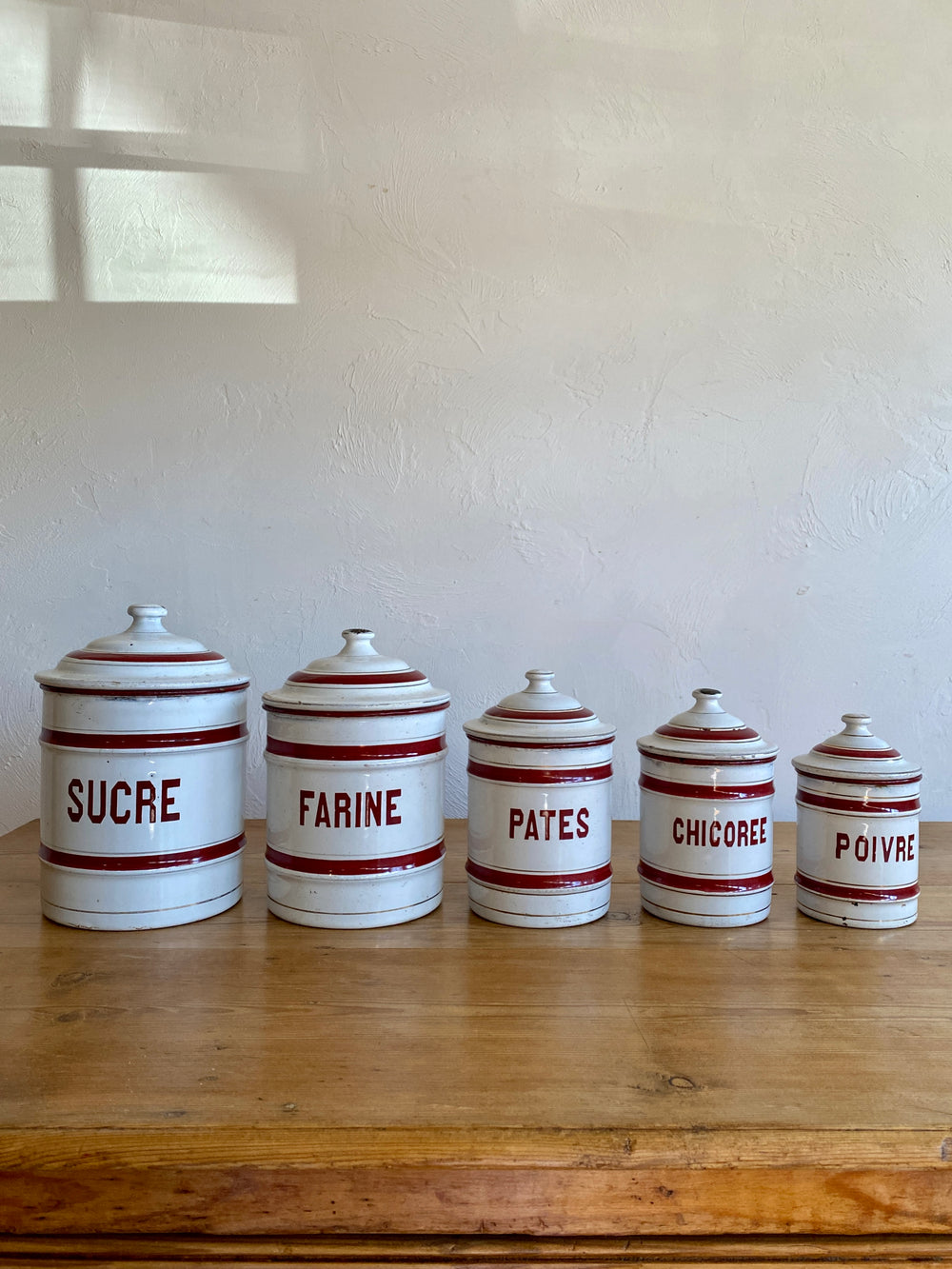 Antique French Enamel Kitchen Canisters c. 1920