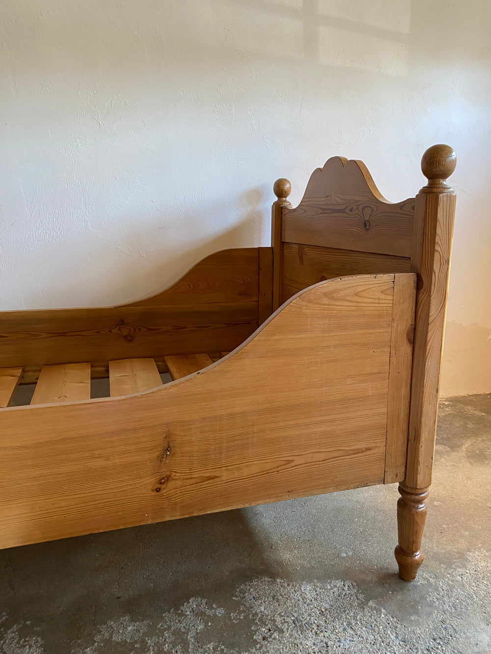 Antique Pine Sleigh Bed with Scalloped Headboard and Footboard