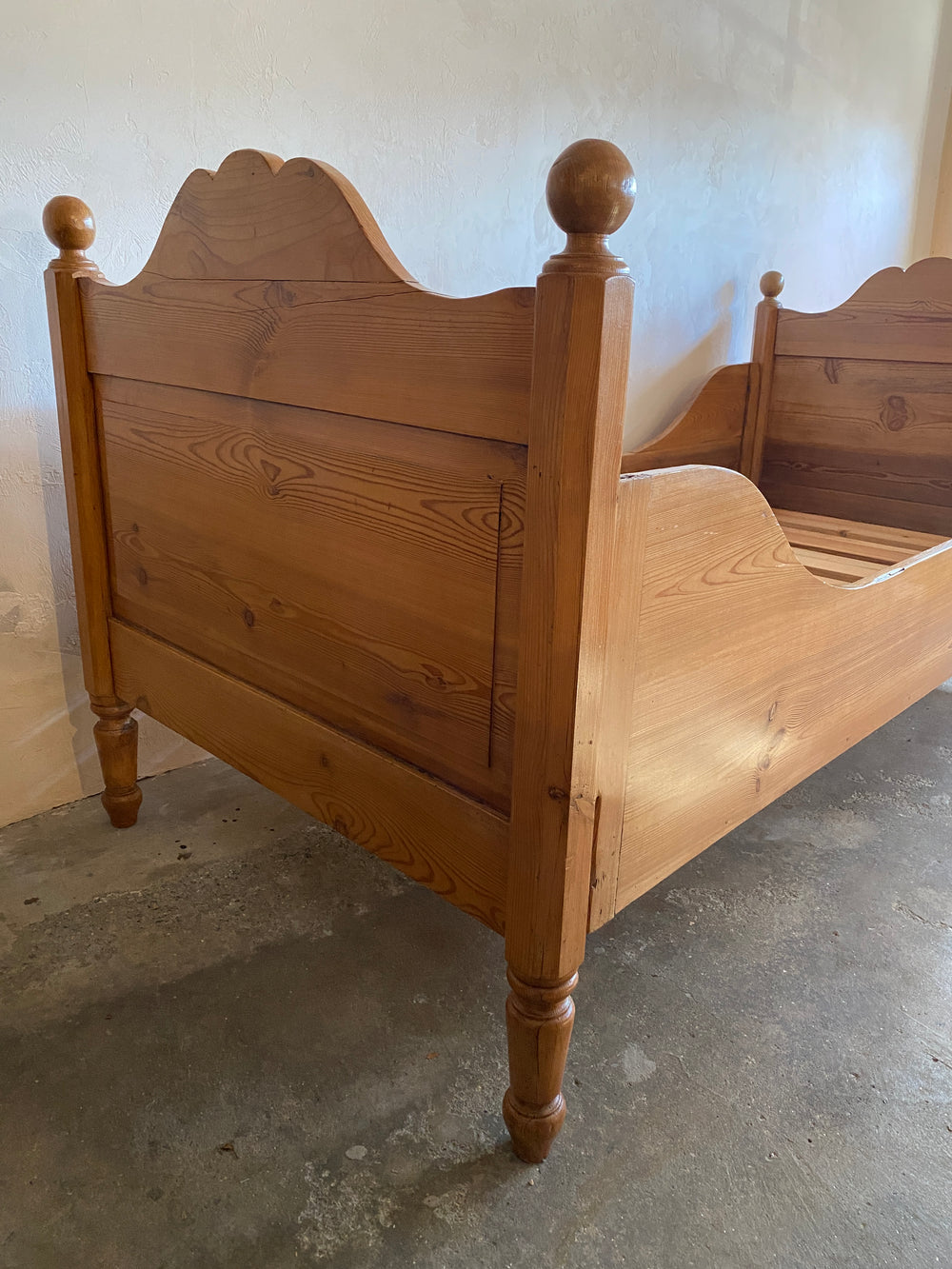 Antique Pine Sleigh Bed with Scalloped Headboard and Footboard