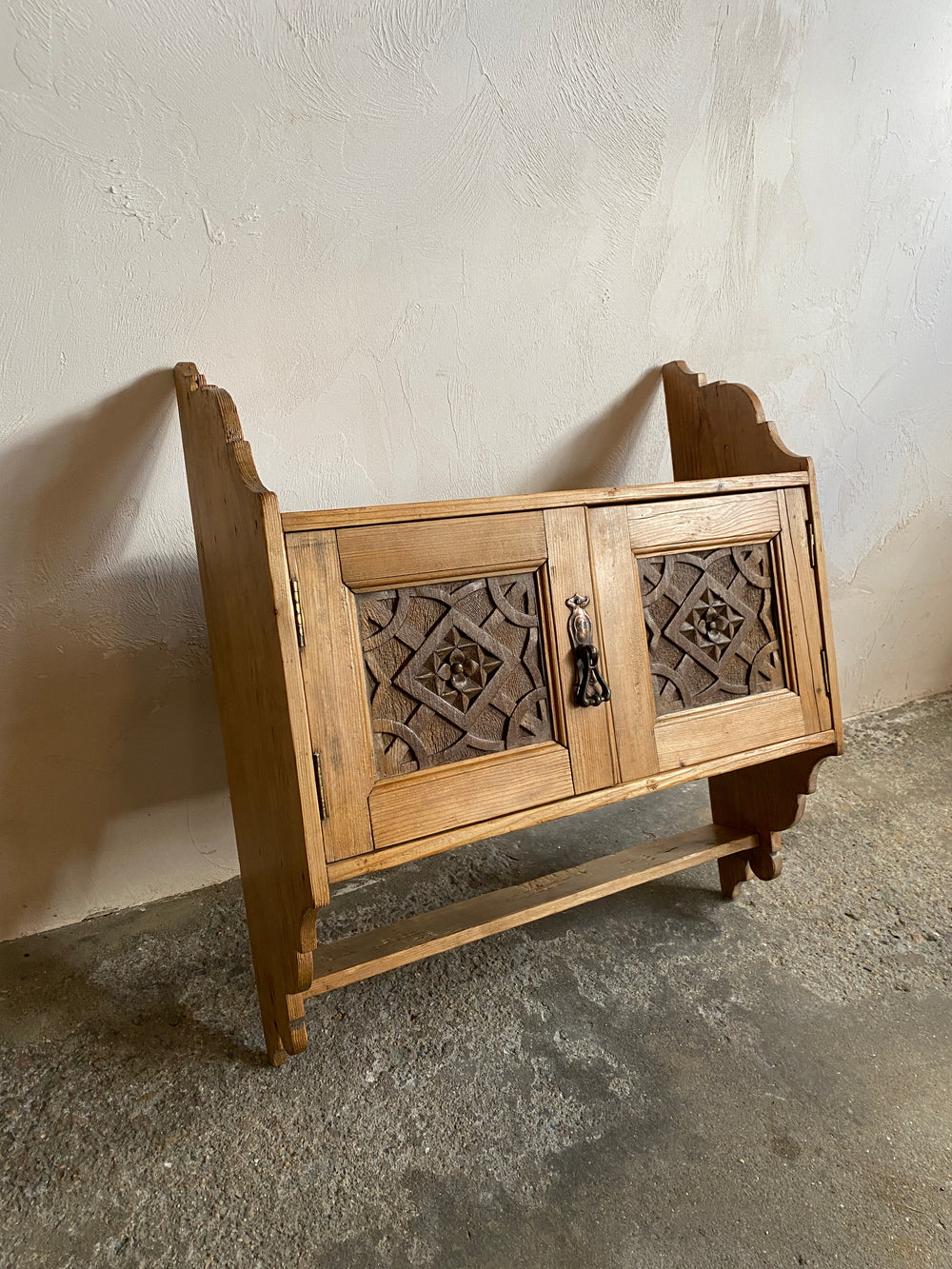 Antique Pine Wall Cupboard with Carved Panels, c. 1900