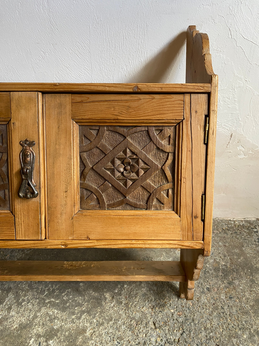 Antique Pine Wall Cupboard with Carved Panels, c. 1900