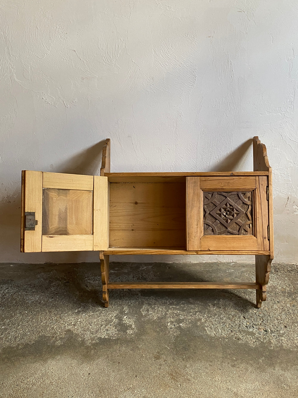 Antique Pine Wall Cupboard with Carved Panels, c. 1900