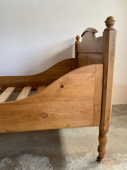 Antique Pine Sleigh Bed with Castors, c. 1910
