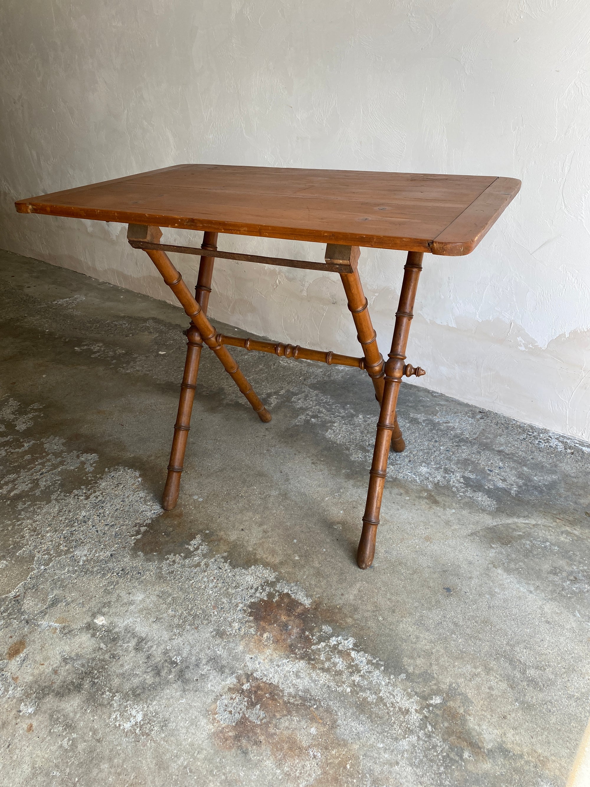 Antique French Faux Bamboo Folding Table with Pine Top