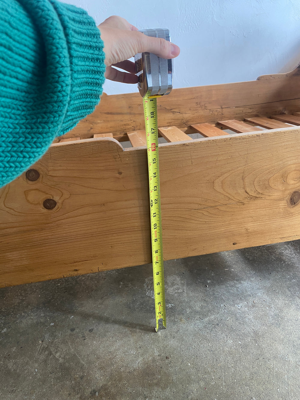 Wide and Low Antique Pine Sleigh Bed with Crests c. 1890