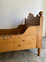 Wide and Low Antique Pine Sleigh Bed with Crests c. 1890
