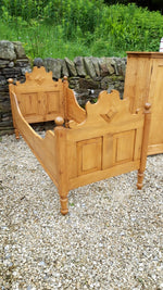 Antique Pine Sleigh Bed with Carved Crests c. 1900