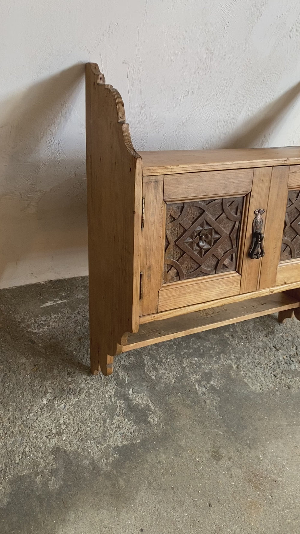 Antique Pine Wall Cupboard with Carved Panels, c. 1900
