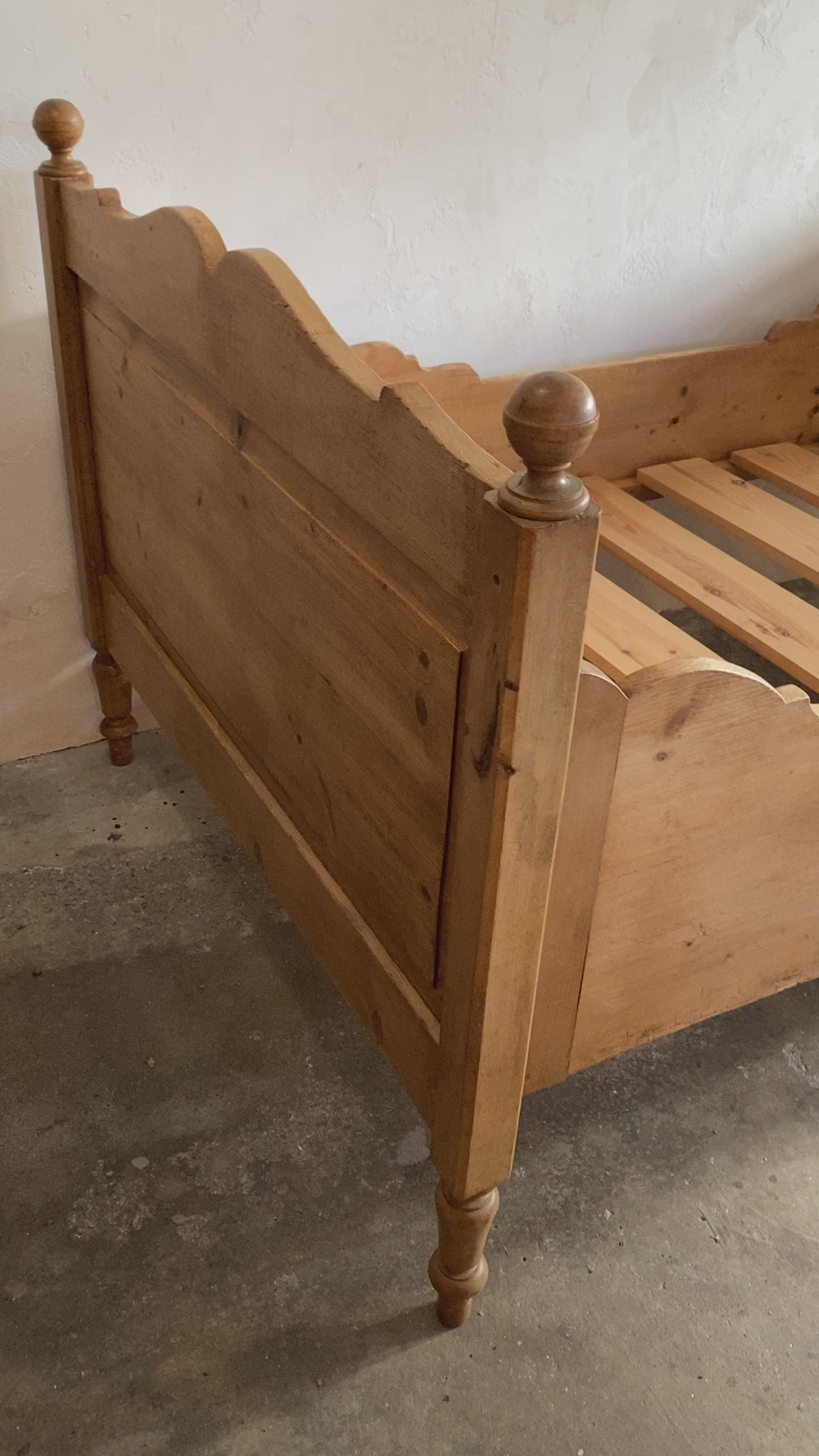Antique Pine Sleigh Bed with Intricate Side Rails c. 1890