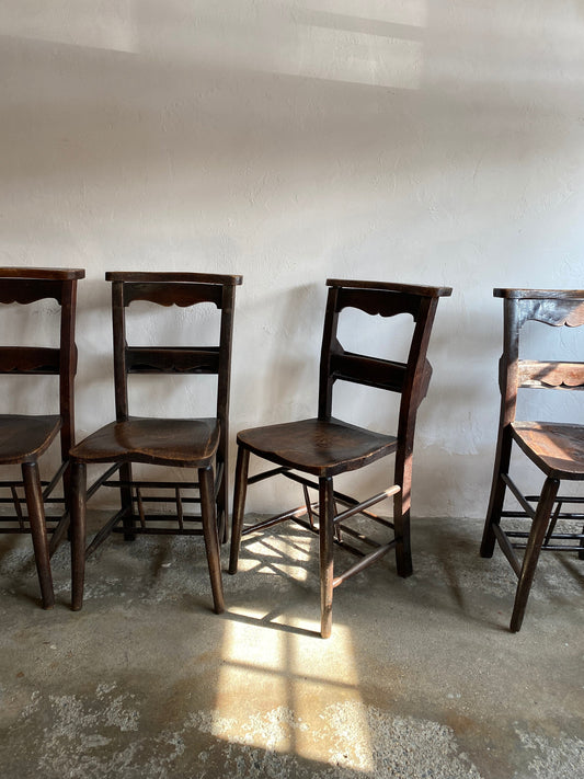 Set of Four Antique Chapel Chairs with Scalloping and Bible Backs