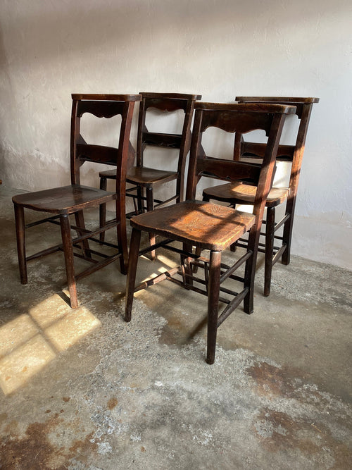 Set of Four Antique Chapel Chairs with Scalloping and Bible Backs